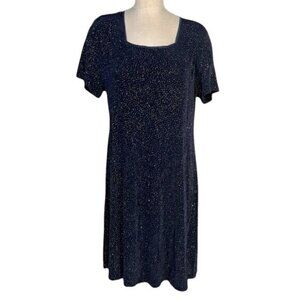 Ultra Dress Navy Glitter Square Neck Skater Stretchy Dress 16W Vintage 90s Party